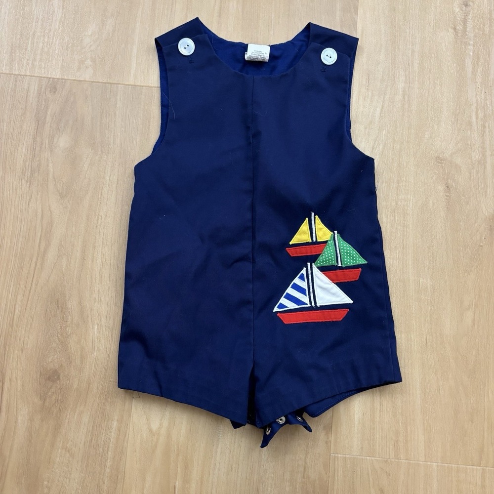 Vintage Boys 24 Month Blue Romper With Embroidered Sailboats Overalls
